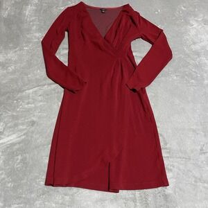 Ann Taylor Faux Wrap Dress Womens 2 Red Long Sleeve V Neck Stretch Quiet Luxury